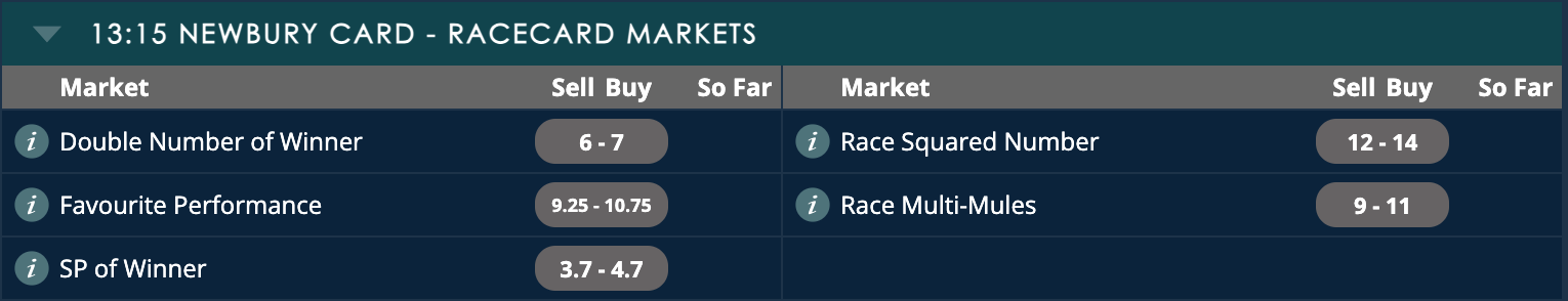 Racecard markets for the 13:15 Newbury: double number of winner, favourite performance, SP of winner, race squared number and race multi-mules